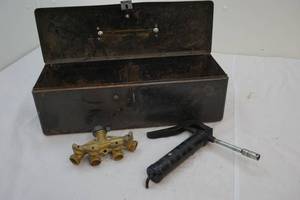 Vintage tool box, hardware, tools