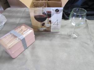 lot 38 image: 3- Libbey Wine Glasses, Lunch Box...