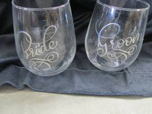 lot 60 image: Bride & Groom Stemless Wine Glasses...
