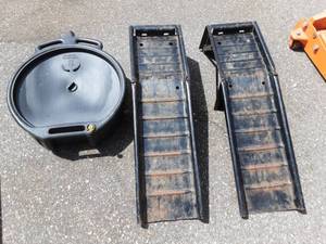lot 13 image: Pair Of Metal Car Ramps & Oil Drain Pan