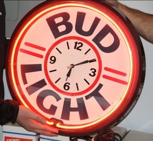 lot 56 image: Large Bud Light Wall Clock Sign