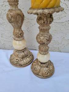 lot 81 image: Pair of Distressed Candlestick Holders & Candles