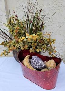 lot 85 image: Metal Container with Faux Fruits and Metal Planter with Faux Foliage