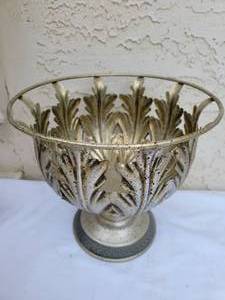 lot 86 image: Silver Metal Bowl, Ivory Plaster Vase and Grecian-look Candlesticks