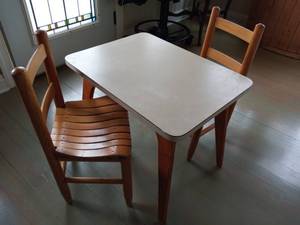 lot 235 image: Really Cool Handcrafted Wooden Children Table & 2 Wooden Chairs
