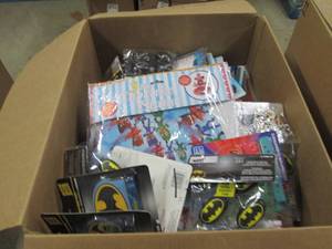 box of party supplies batman,spider...