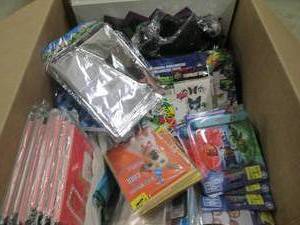 box of party supplies pjmasks, turt...