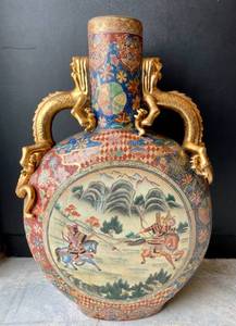 lot 53 image: Large Asian Warrior Themed Round Decorative Floor Vase