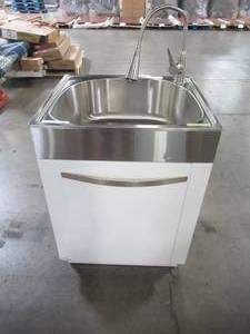 lot 201 image: Presenza All-in-One 24.2 in. x 21.3 in. x 33.8 in. Stainless Steel LaundryUtility Sink and White Cabinet QL038