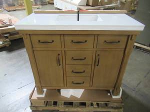 lot 214 image: Home Decorators Collection Bellington 42 in. W x 22 in. D Vanity in Almond Toffee with Marble Vanity Top in White with White Basin Bellington 42