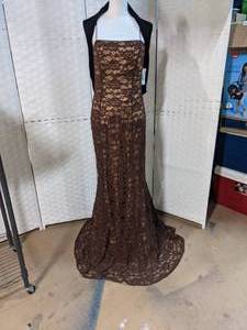 DJ Nights Laura Rymer Brown Lace Lined wGold Satin Evening Gown Formal Dress 910