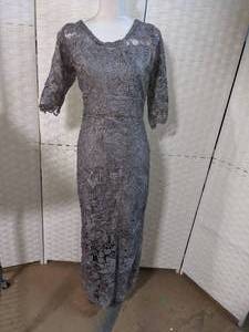 Haute Couture Dress wGray Lace Full Length Overlay, Shorter Skirt Lining Sz 6