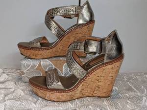 Banana Republic Dusty Gold Leather Cork Wedge Platform Sandals