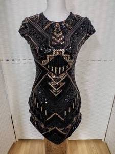 Exquisite Express Beaded Black & Gold Dress Sz XS