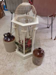 Home Dcor Lot (Bird Cage Style Dcor, & (2) Vintage Jugs (One States Corn Whiskey) See Photos