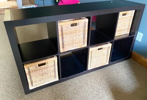 8 Section Black Wooden Storage w 4 Wicker Storage Baskets