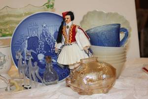lot 110 image: Colorful glass, china, fabric items