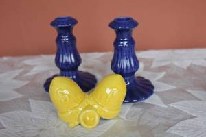 lot 28 image: Red Wing Violin Wall Pocket, Candleholders and Acorn Salt and Pepper