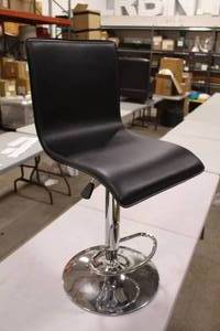 Chrome Metal Pedestal Adjustable High-Back Bar Chair with Footrest, Pad Black 15Wx16Dx36H