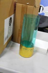 Lot of (4) Accent Dcor Glass Vase GreenYellow 4Dx11H (in box)