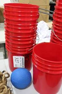 Lot of (5) Plastic Buckets for Bucket Toss Game Red 5-Gallon  with Large Blue Ball