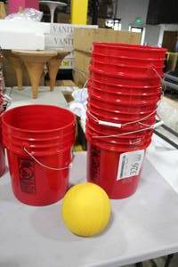 Lot of (5) Plastic Buckets for Bucket Toss Game Red 5-Gallon  with Large Yellow Ball