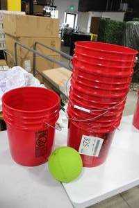 Lot of (5) Plastic Buckets for Bucket Toss Game Red 5-Gallon  with Large Green Ball