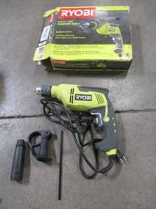 lot 21 image: RYOBI 6.2 Amp 58 in. Variable Speed Reversible Hammer Drill, D620H - Used. Missing Screw to keep handle together.