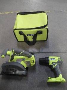 lot 23 image: Ryobi 18-Volt ONE Lithium-Ion Cordless 2-Tool Combo Kit w DrillDriver, Circular Saw (Tools Only) and Bag, P1816. Used.