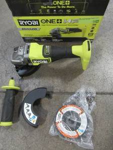 lot 27 image: Ryobi ONE HP 18V Brushless Cordless 4-12 in. Angle Grinder (Tool Only), PBLAG01B - Used.