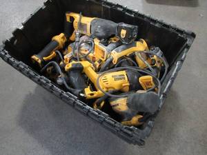 lot 51 image: WHOLESALE MIXED BIN OF MICELLANOUS DEWALT TOOLS - NAILERS, SAWS, DRILLS, AND MORE