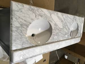 lot 1 image: Windlowe 61 in. W x 22 in. D x 35 in. H Bath Vanity in Gray with Carrara Marble Vanity Top in White with White Sink by Home Decorators Collection Back Carton Damaged Customer Returns See Pictures
