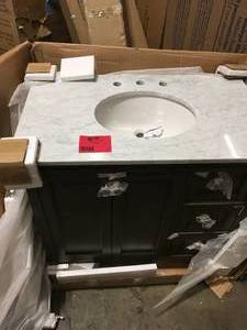 lot 14 image: Rosecliff 37 in. W x 22 in. D Vanity in Distressed Grey with Carrara Marble Vanity Top in White with White Sink by Home Decorators Collection Customer Returns See Pictures