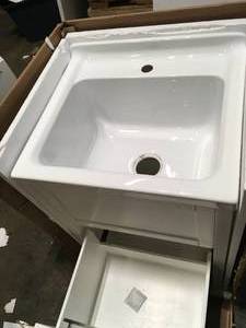lot 21 image: Eleni All-In-One Kit 24 in. x 22 in. x 37.8 in. Acrylic Utility Sink with Cabinet in White by Schon Customer Returns See Pictures