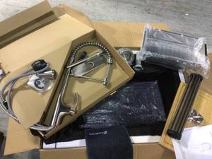 lot 1 image: Glacier Bay All-In-One Apron-Front Farmhouse Stainless Steel 33 In. Single Bowl Workstation Sink With Faucet And Accessories Customer Return See Pictures