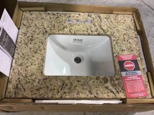 lot 10 image: 25 in. W x 19 in. D Granite Vanity Top in Giallo Ornamental with White Single Trough Sink Customer Return See Pictures