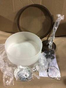 lot 43 image: Emery 2-Light Walnut and Black Indoor Semi-Flush Mount Ceiling Fixture with Frosted Glass Drum Customer Return See Pictures