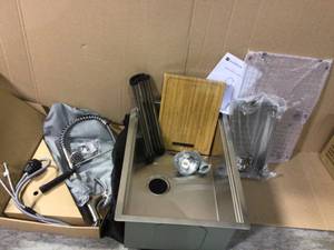 lot 92 image: Glacier Bay All-in-One Undermount Stainless Steel 27 in. Single Bowl Kitchen Workstation Sink with Faucet and Accessories Kit, Silver Customer Return See Pictures