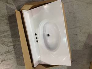 lot 101 image: 31 in. W x 19 in. D Cultured Marble Vanity Top in Solid White with Solid White Basin with 4 in. Faucet Spread by Design House Customer Returns See Pictures
