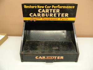 lot 1 image: Vintage 1930s Carter Carburetor Parts Display Cabinet W Drawer - GREAT COLLECTORS PIECE - APPROX DIMENSIONS 13.5 tall by 14.5 wide - AWESOME - SEE PICTURES
