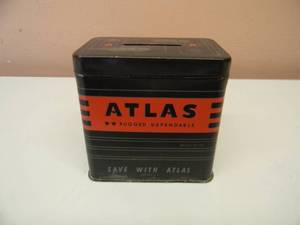 lot 9 image: VINTAGE ATLAS BATTERIES ADVERTISING COIN BANK CAN - NICE - VERY COOL PIECE - APPROX 3 - SEE PICTURES