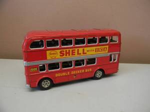 lot 28 image: RARE - AWESOME - VINTAGE JAPAN TIN TOY By Hayashi  SHELL GAS WITH ICA  ADVERTISING DOUBLE DECKER BUS - APPROX 8 BY 4.5 - GREAT PIECE - SEE PICTURES