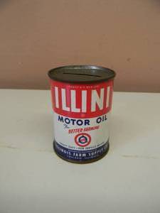 lot 52 image: VINTAGE ILLINI MOTOR OIL ADVERTISING OIL CAN COIN BANK - NICE - GREAT PIECE - SEE PICTURES