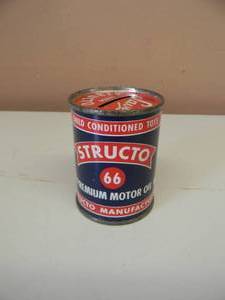 lot 53 image: VINTAGE 1950s STRUCTO 66 PREMIUM MOTOR OIL ADVERTISING OIL CAN COIN BANK - NICE - GREAT PIECE - SEE PICTURES