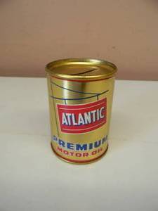 lot 54 image: VINTAGE  ATLANTIC PREMIUM MOTOR OIL ADVERTISING OIL CAN COIN BANK - NICE - GREAT PIECE - SEE PICTURES