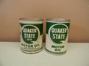 lot 73 image: 2 VINTAGE QUAKER STATE MOTOR OIL ONE QUART CANS - 1 METAL FULL - VERY COOL - SEE PICTURES