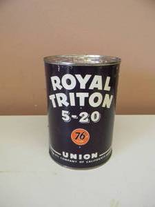 lot 75 image: RARE - VINTAGE ROYAL TRITON 5-20 UNION 76 MOTOR OIL ONE QUART CAN - METAL - FULL - VERY COOL - SEE PICTURES