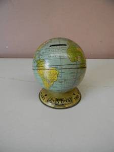 lot 89 image: VINTAGE- RARE- 1938 CHEVROLET ADVERTISING J. CHEIN & CO. ORIGINAL WORLD GLOBE COIN BANK - WKEY - AWESOME - APPROX 4.5 - SEE PICTURES