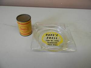 lot 92 image: VINTAGE Shell Gas Oil ADVERTISING  Ashtray DAVES SHELL GLENCOE - Mobil Tiger Stripe Vintage Glass Rare WITH VINTAGE 1960s SHELL OIL CAN ADVERTISING MINATURE 2 - RARE - GREAT SET - SEE PICTURES