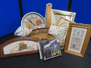 BASKET WITH NEW LOTION AND SOAP, FRAMES,CDS AND VINTAGE LINENS